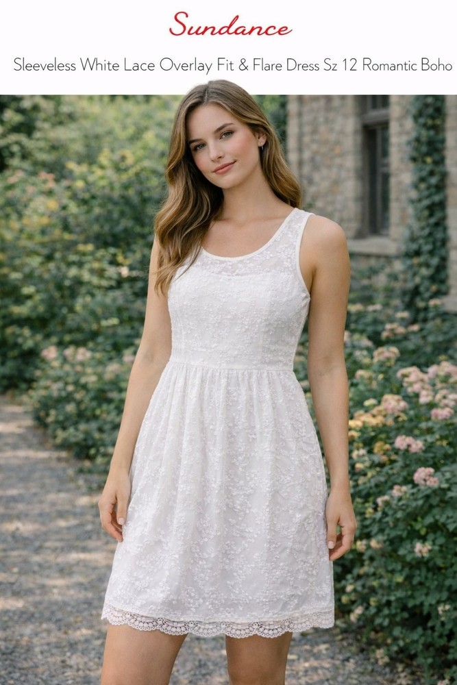 Sundance Sleeveless White Lace Overlay Fit & Flare Dress Sz 12 Fairycore Etherea