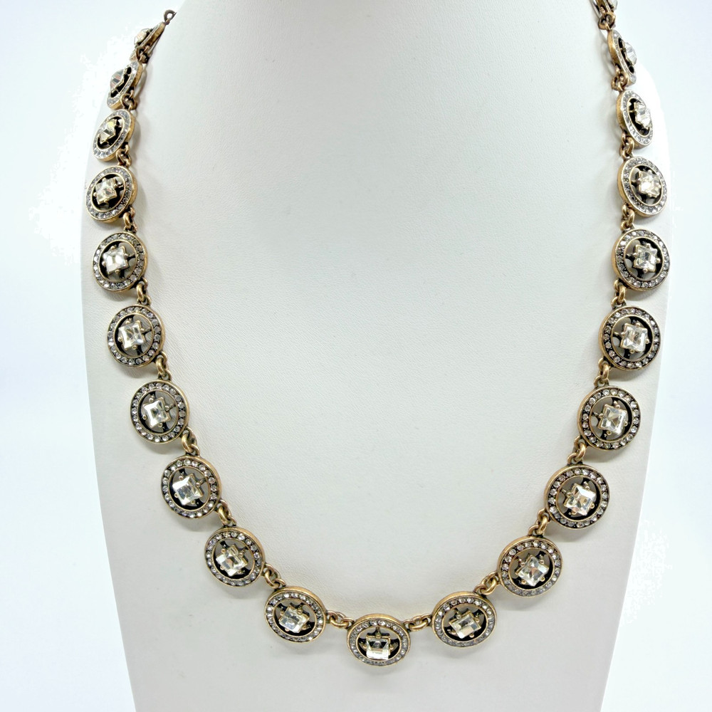 Vintage J.CREW Brass Tone Open Circle Link Collar Necklace Square Rhinestone Y2K
