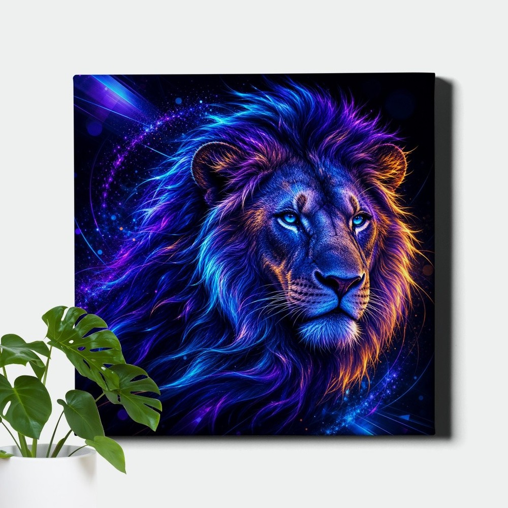 Lion Portrait Canvas Print Colorful Neon Abstract Animal Decor