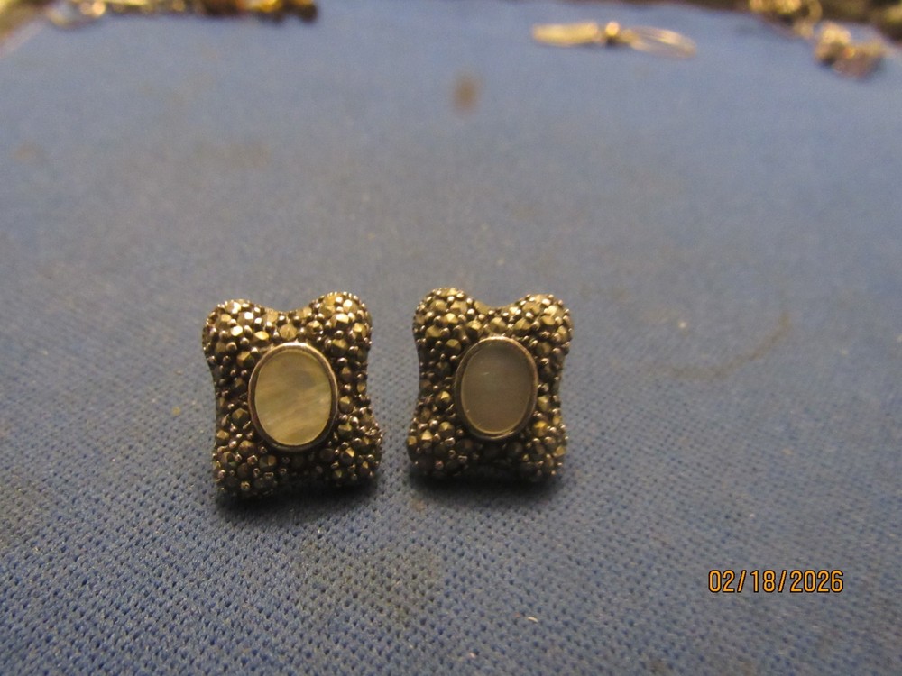 Vintage Sterling Silver Mother Of Pearl & Marcasites Pierced Post Stud Earrings