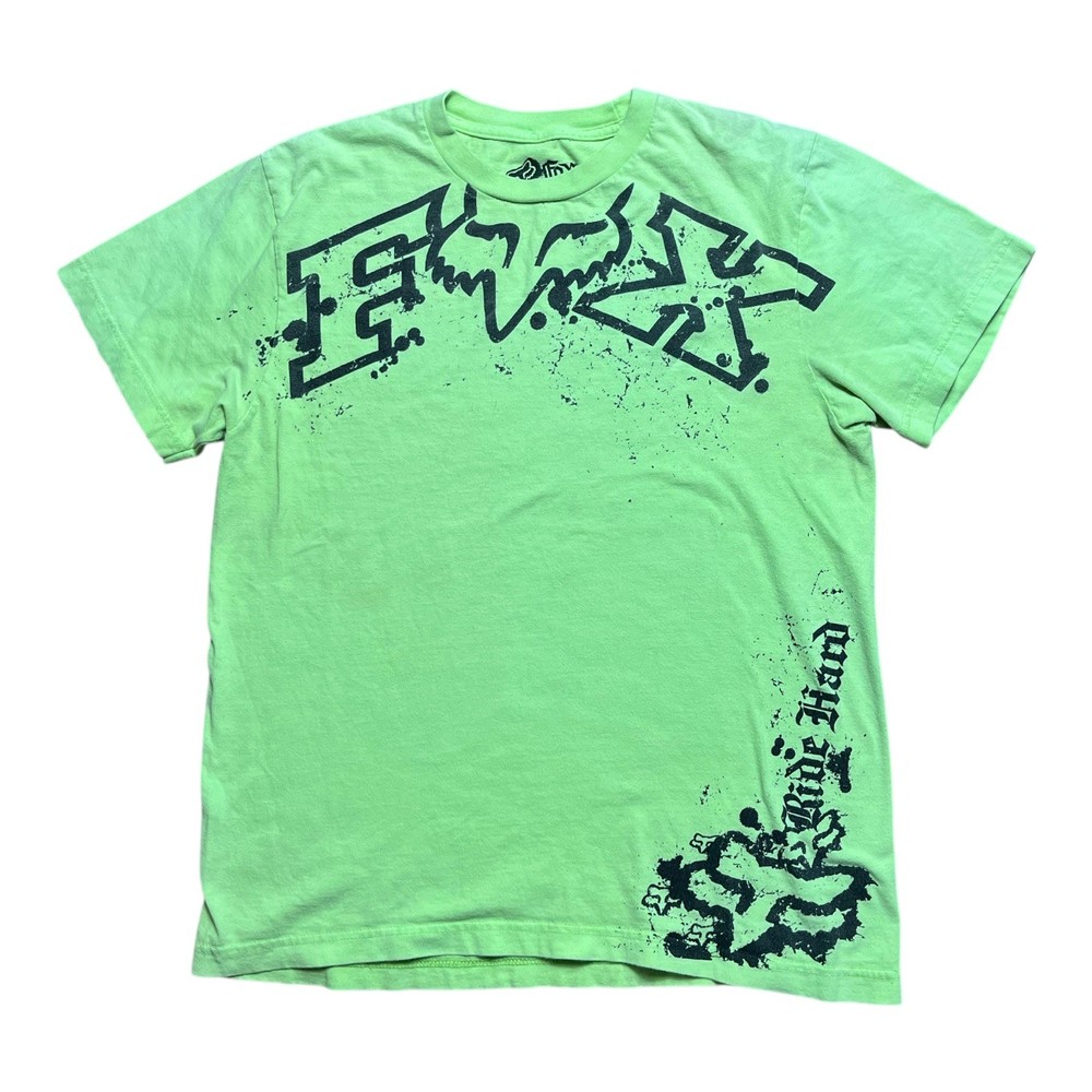 Y2K Fox Racing Deluxe Neon Green Tribal Style Graphic T-shirt Size Medium
