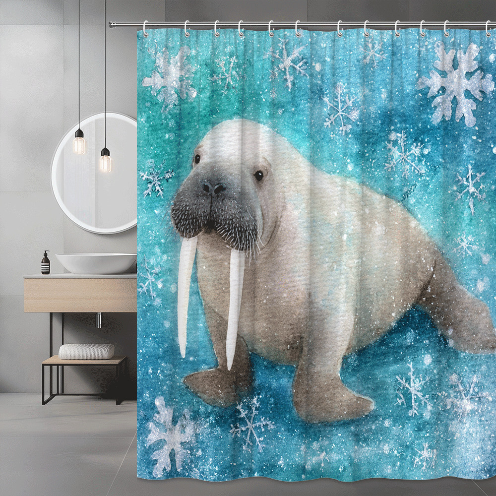 Walrus Snowflake Print Shower Curtain Blue Winter Ocean