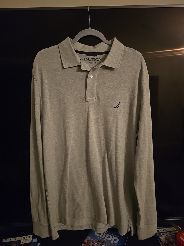 Nautica Men's Long Sleeve Polo Shirt Casual Classic Fit Grey XL #418
