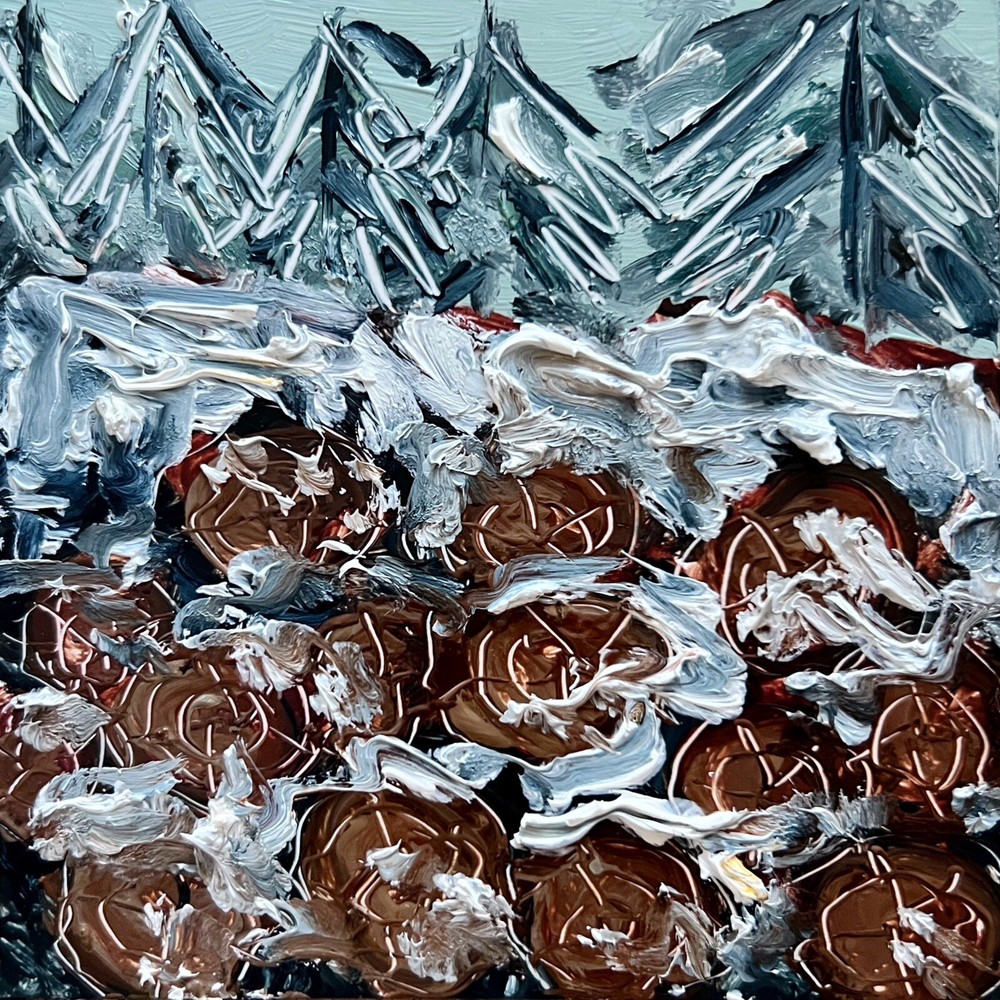 Firewood Winter Landscape Pine Tree Oil Painting Christmas Winter Aesthetic Art