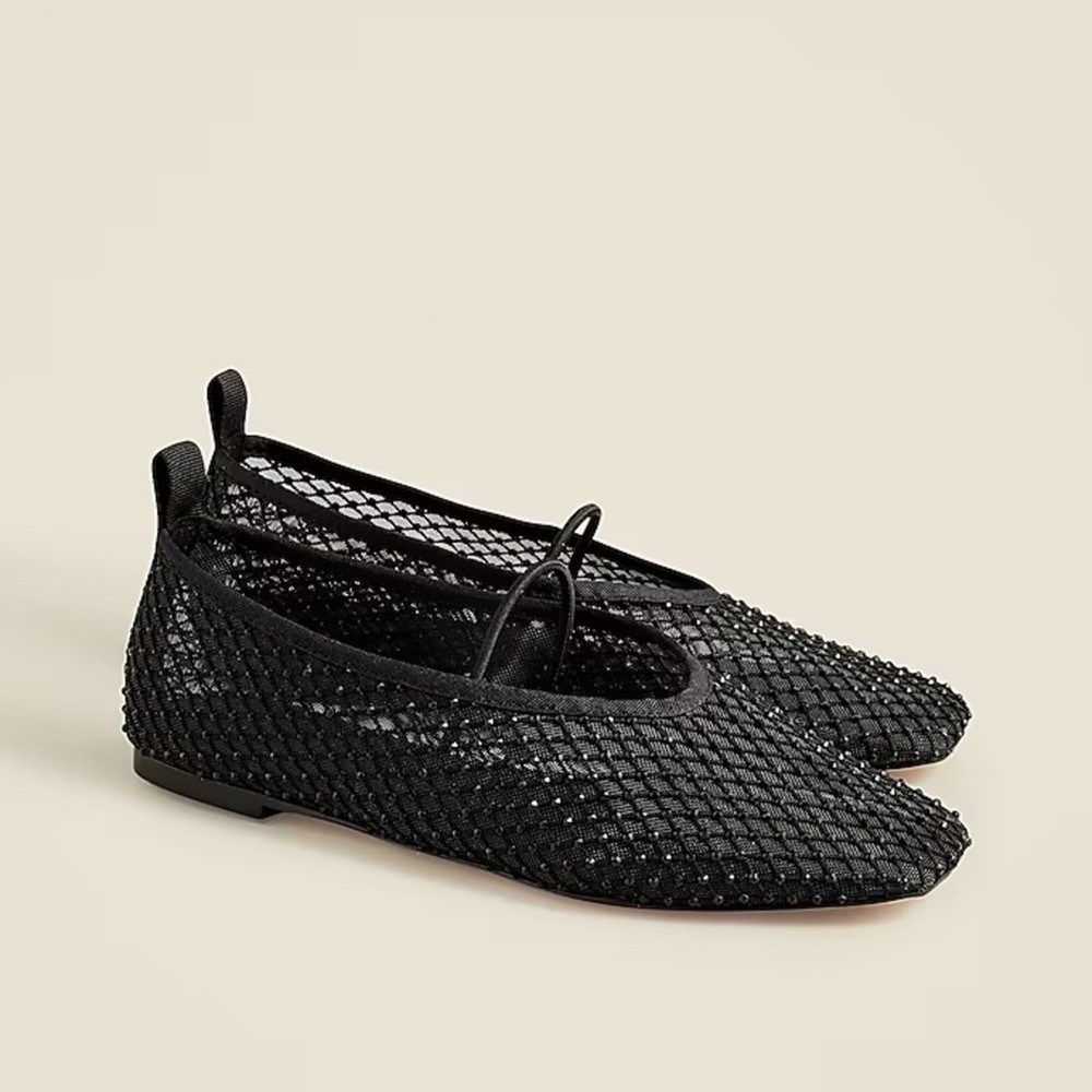 J. Crew Quinn Mary Jane Ballet Flats in Crystal Mesh Black Square Toe Womens 7