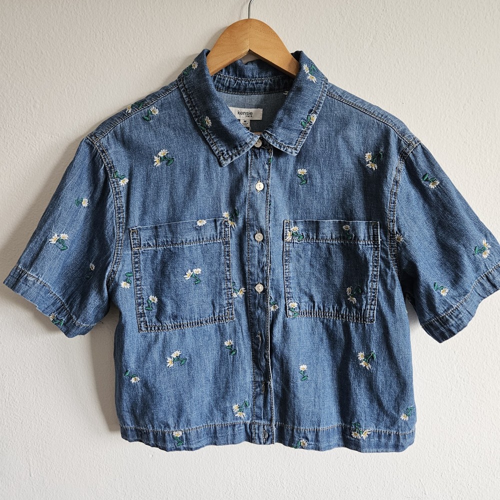 Kensie Jeans Denim Cropped Button Down Shirt Floral Women’s Size M NWT