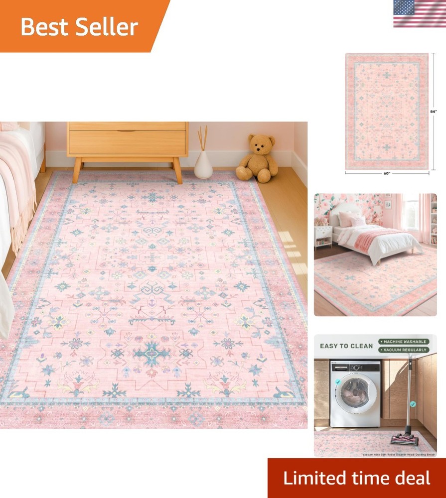 Elegant 5x7 Pink Floral Rug - Machine Washable Non-Slip Carpet for Nurseries