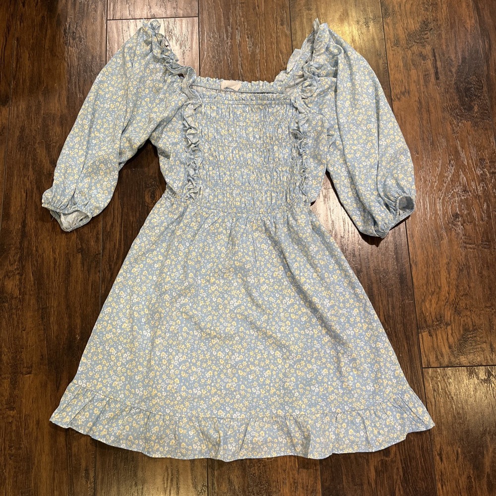 Sienna Sky Dress Womens Size M Medium Blue Floral Cottagecore Dainty Boho Puff