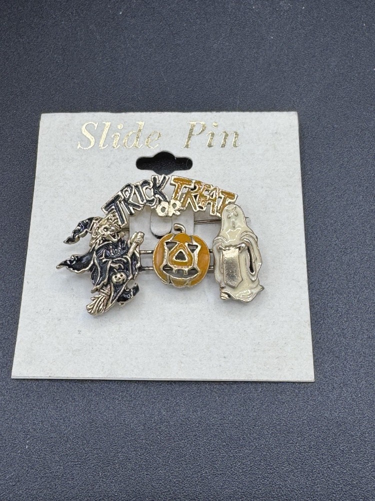 Vintage Trick Or Treat Halloween Slide Pin Witch Ghost Jack O Lantern Korea