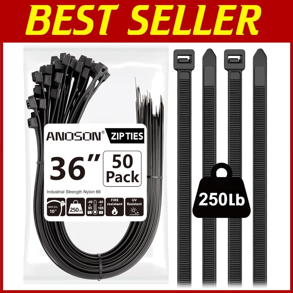 36-Inch Heavy-Duty UV Resistant Zip Ties 50-Pack 250lb Strength Indoor Outdoor
