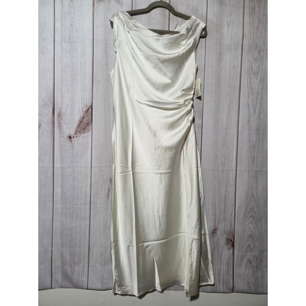 A New Day Womens Satin Cowl Neck Ruched Side Midi Dress Off White Cream Size M