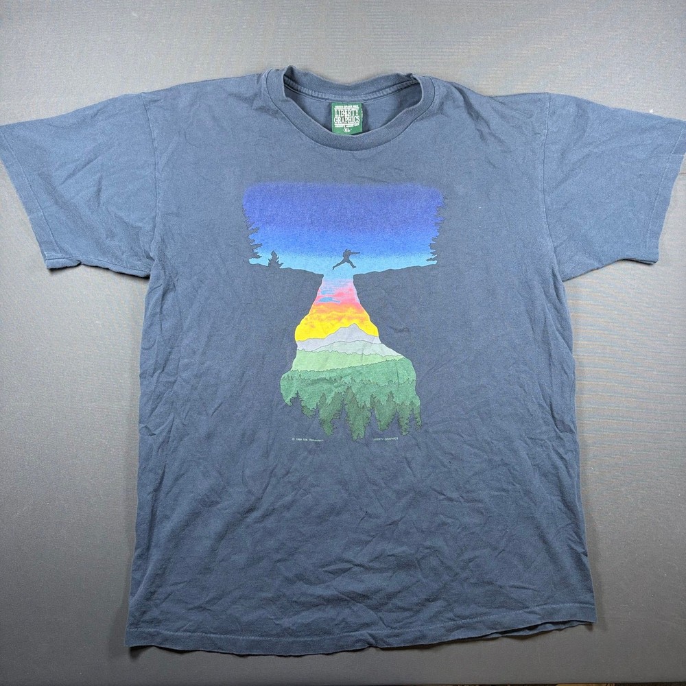 Liberty Graphics Leap of Faith Nature T-Shirt Navy Blue Sun Mountains XL 1998