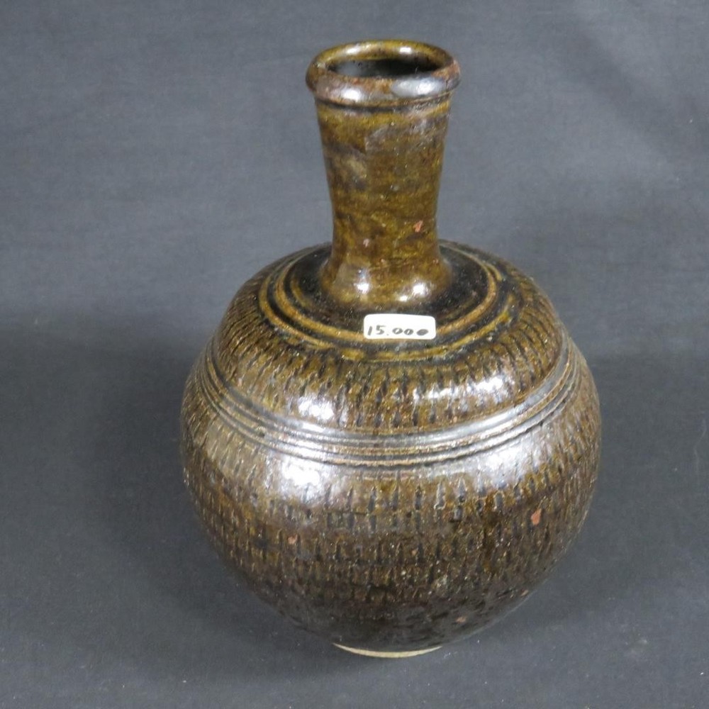 Soma Vase Sake Bottle Folk Art Ceramic Deep Brown Glaze Period Piece