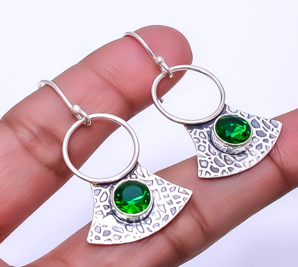 Simulated Emerald 925 Sterling Silver Textured Basket Earrings 1.68 Inch