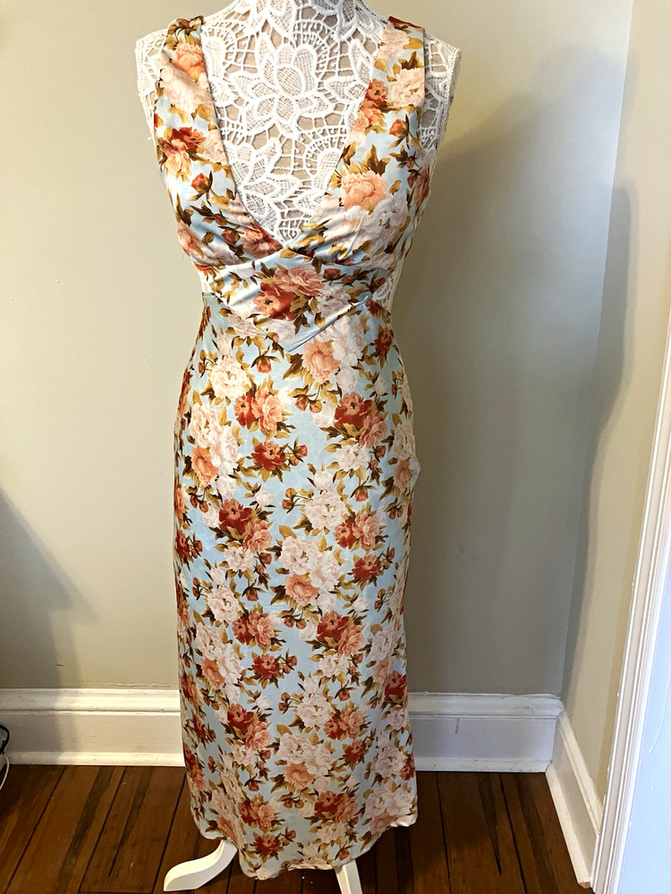 Hello Molly Floral Midi Slip Dress V-Neck Sleeveless Blue Pink Tie Zip M