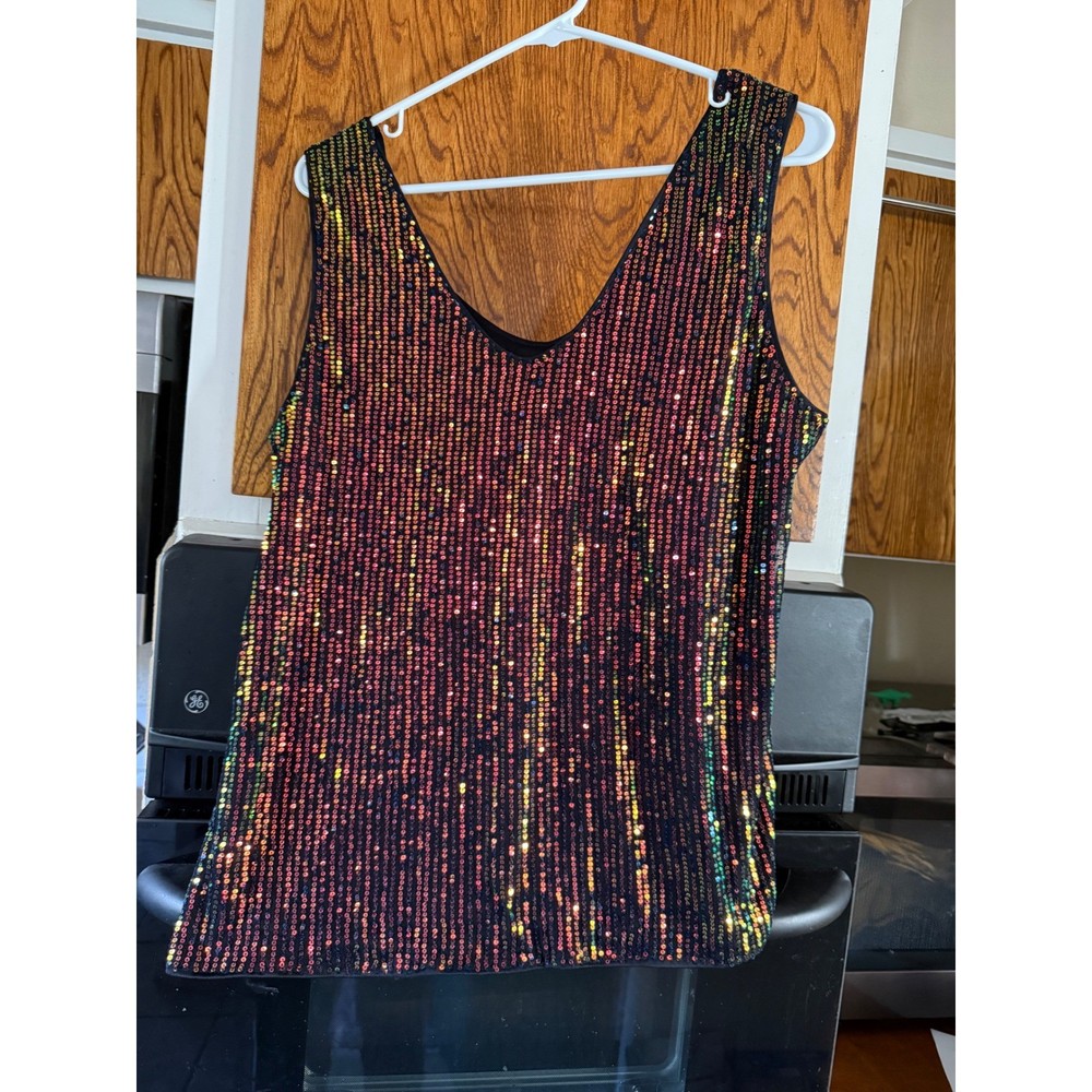 Womens Iridescent Sequin Tank Top V Neck Sleeveless Glam Party XL