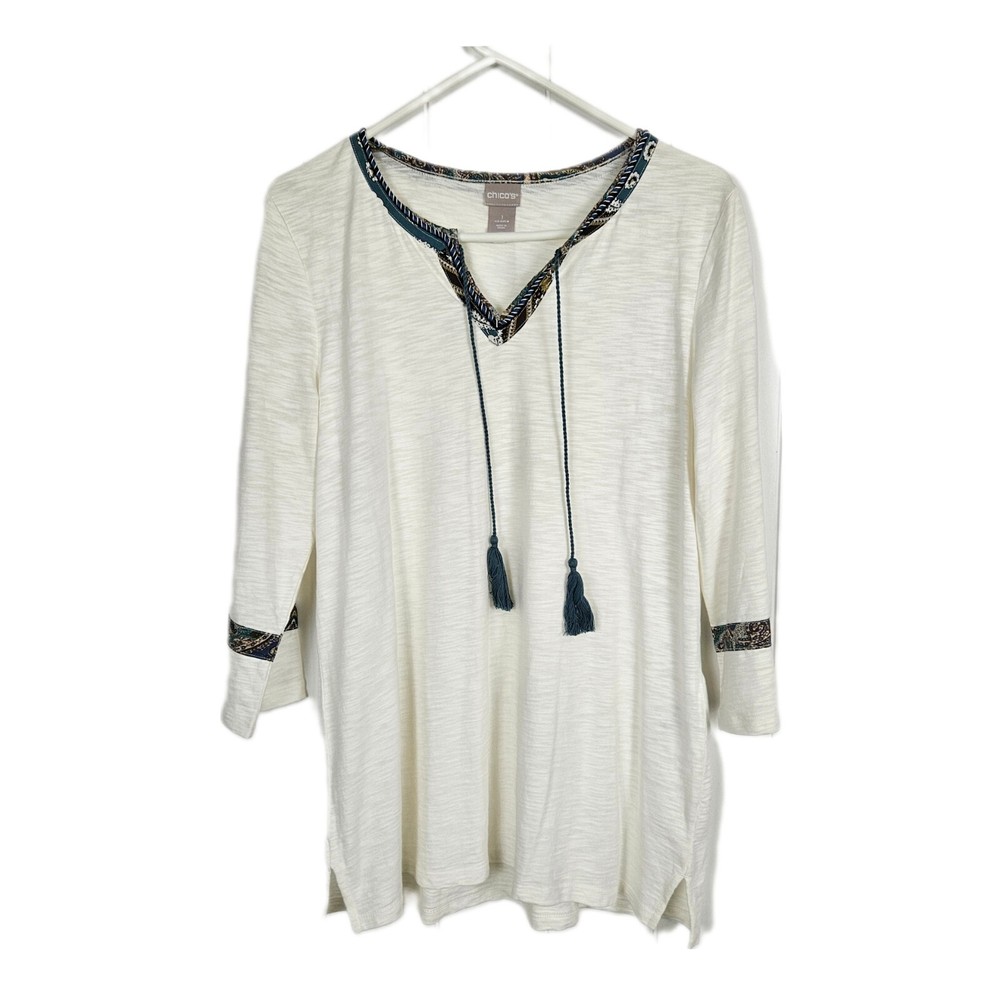 Chicos 1 US 8 10 Medium Off White Cream Tassel Tunic Lightweight Thin Boho