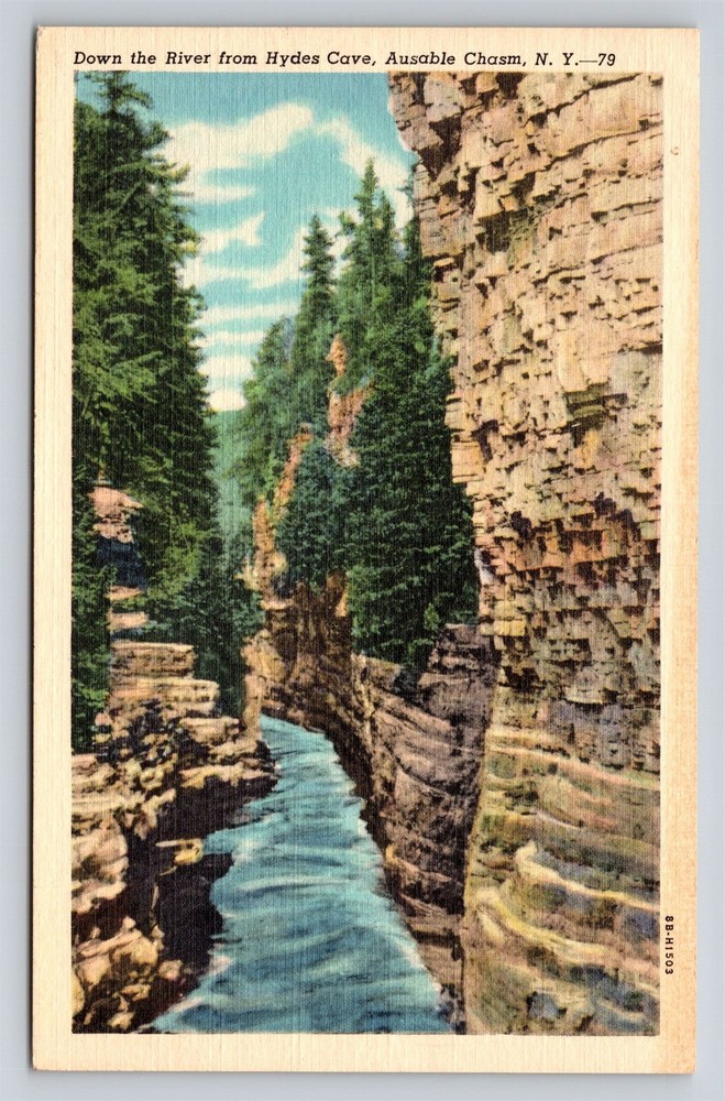 Ausable Chasm New York Down the River from Hydes Cave NY Postcard Linen Unused