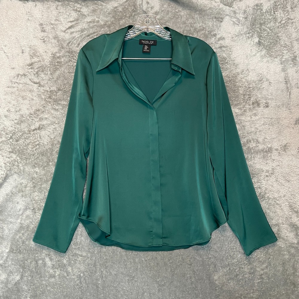 Rachel Zoe Women Satin Emerald Jewel Button Top M Elegant Feminine Classic