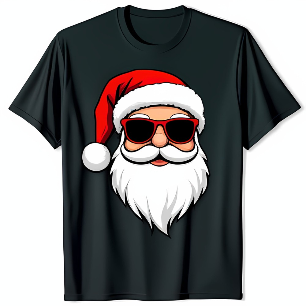 Trendy Black T-Shirt with Bold Santa Claus Graphic in Sunglasses Festive Style