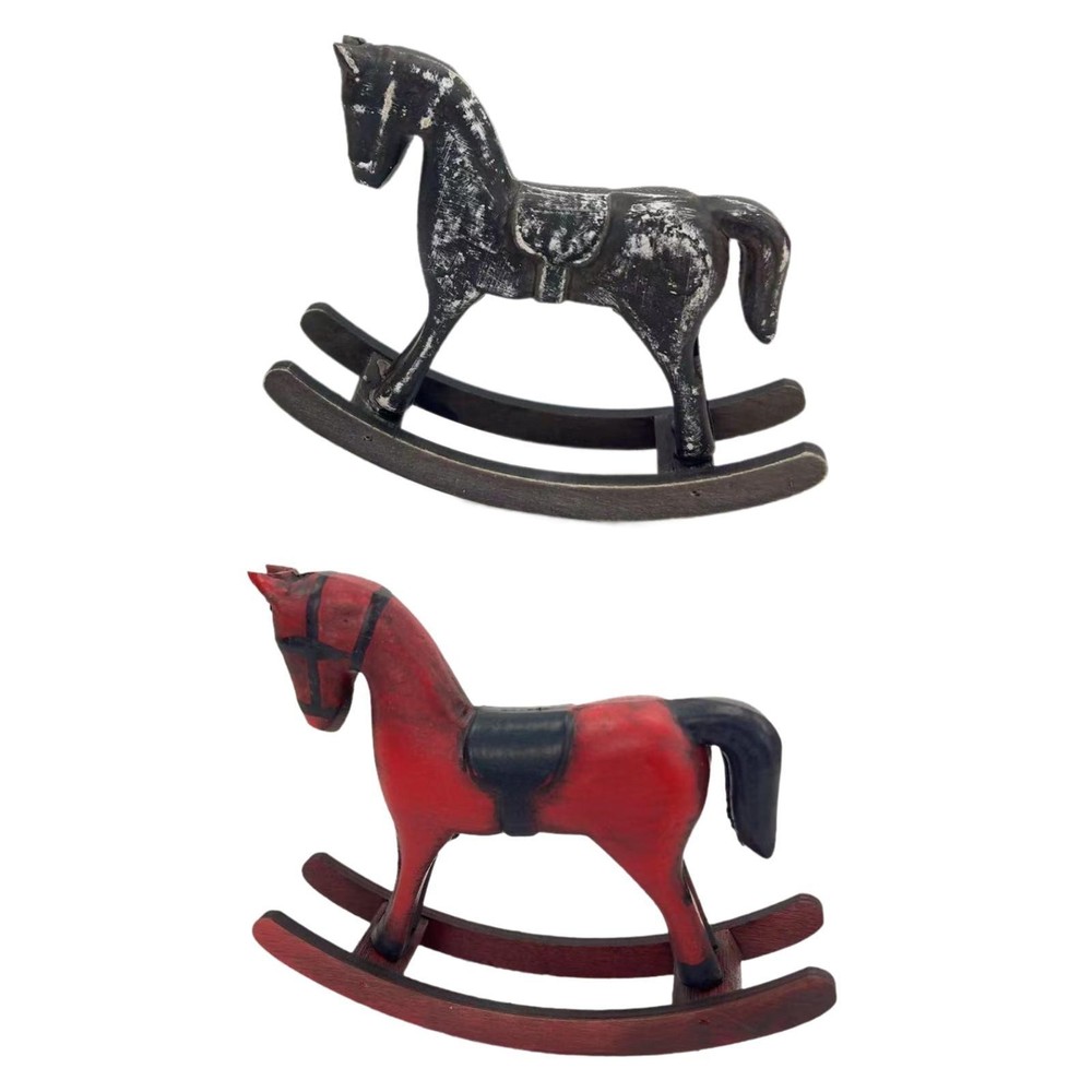 Wooden Rocking Horse Figurine Animal Sculpture Art Crafts Tabletop Ornament for