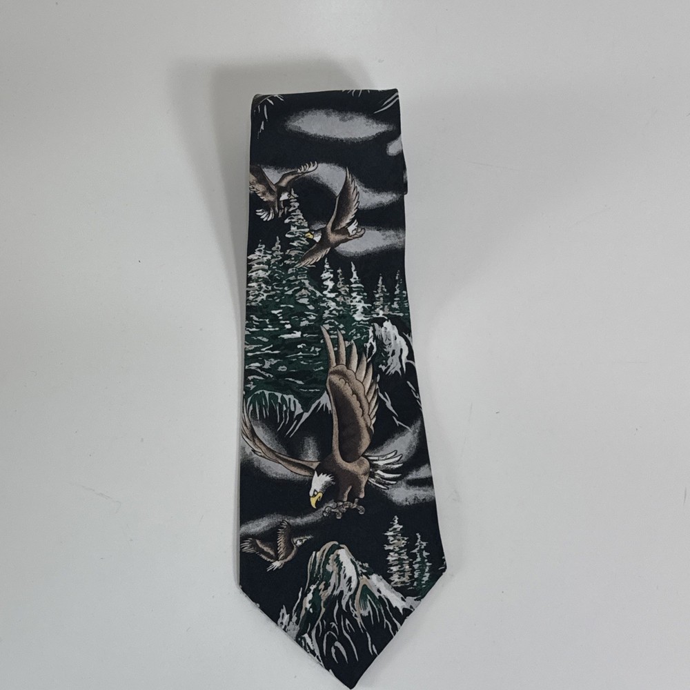 Men’s Necktie Flying Eagles Mountains  58” Tie Black Dress Birds Nature