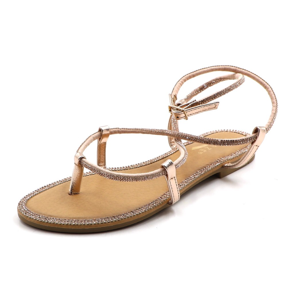 Glaze Women's Rhinestone Ankle Strap Flat Sandals