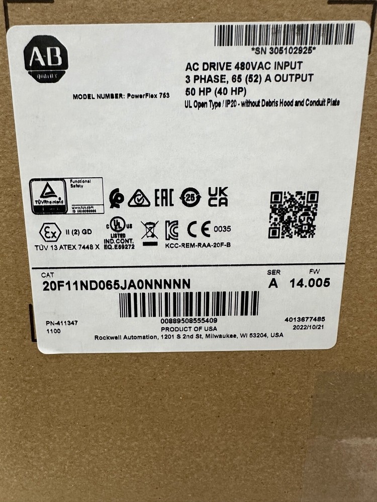 Allen Bradley PowerFlex 753 VFD 20F11ND065JA0NNNNN AC Drive 50HP w/20-HIM-A6