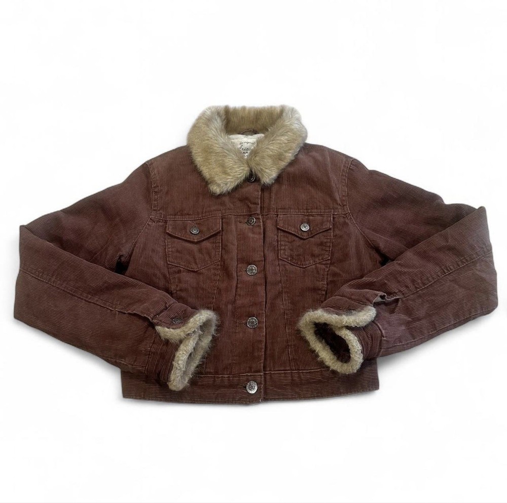 Arizona Cropped Jacket S Brown Corduroy Faux Fur Trim & Collar Retro Y2K 90s