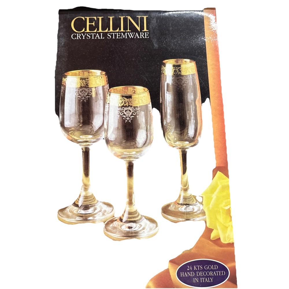 Set of 4 Cellini Crystal Stemware Water Glasses 24 KT Gold Hand Decorated Italy