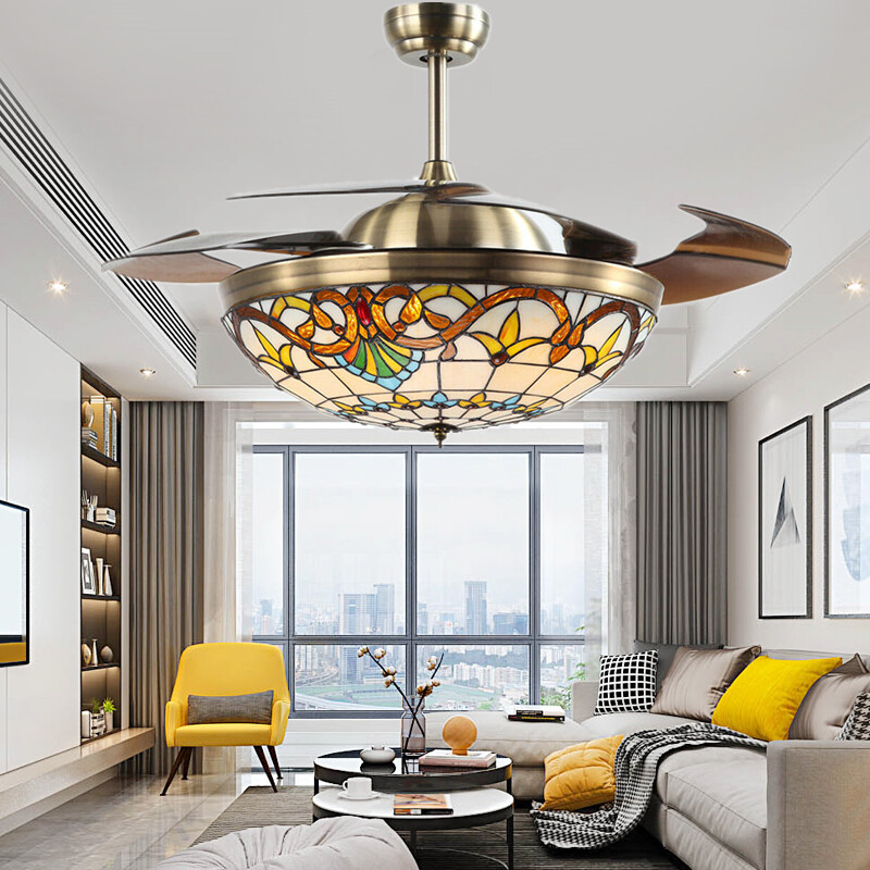 42-Inch Tiffany Stained Glass Ceiling Fan with LED Light Chandelier