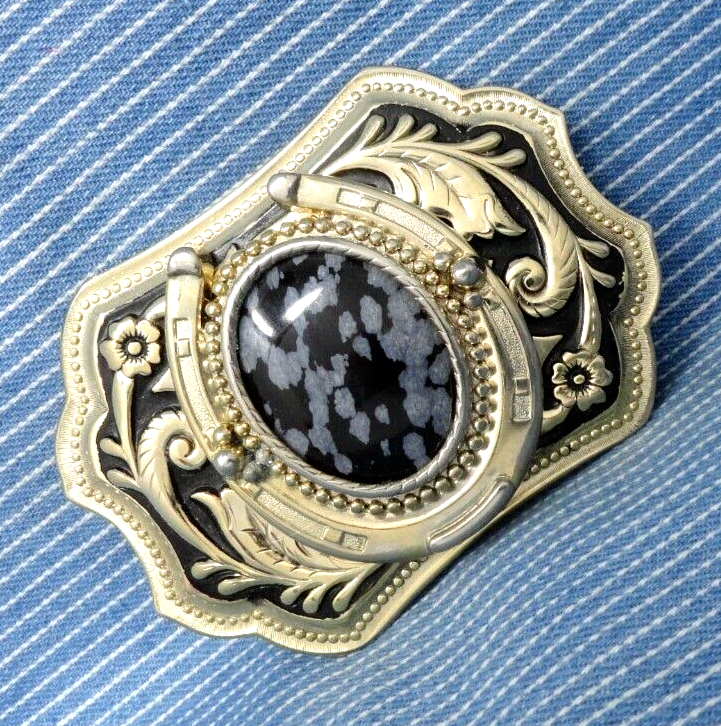 Classic Western Belt Buckle Cowboy Horseshoe Black White Stone Vtg 80s .GTA199