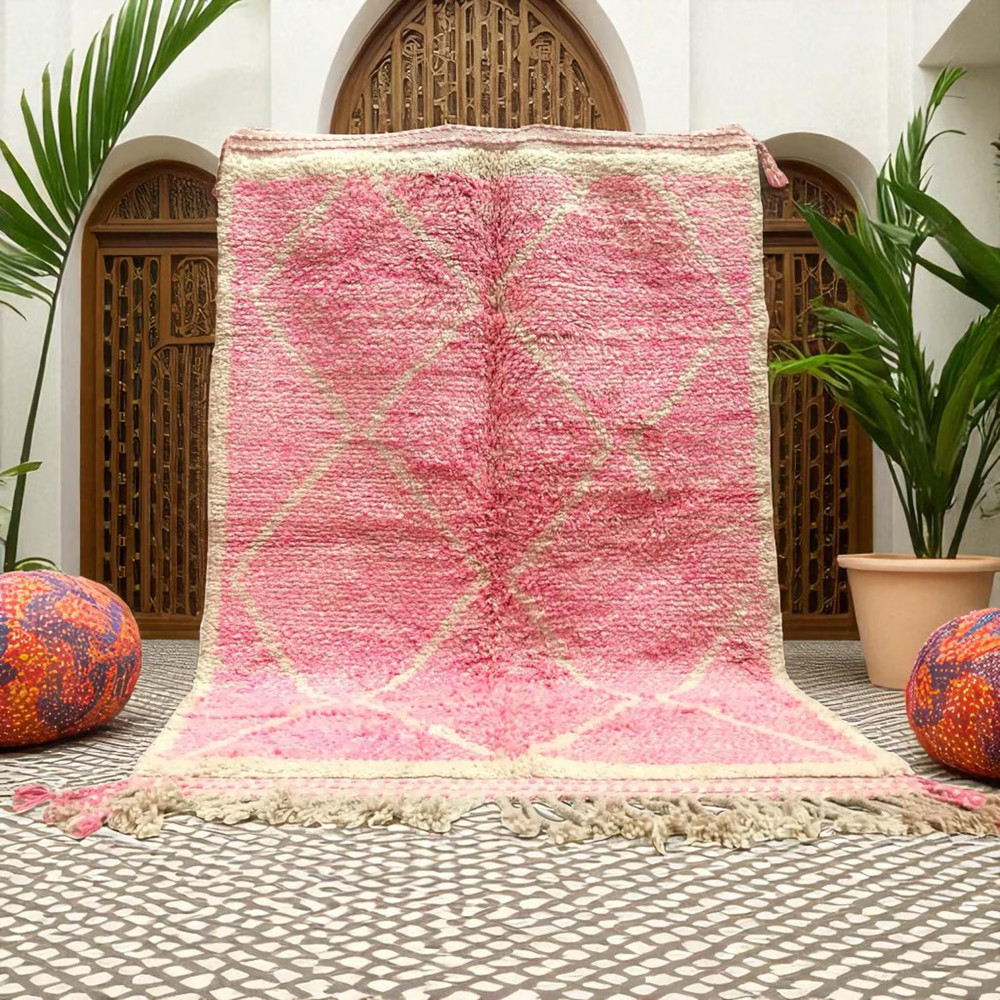 Moroccan Berber Beni Ourain Wool Rug Color Pink Handmade Area Design Carpet Rug