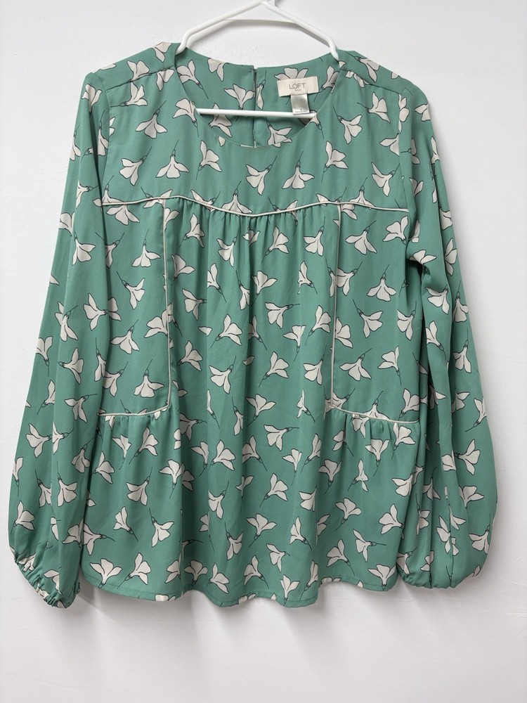 LOFT Mint Floral Long Sleeve Blouse Villager Boho Style - Size S