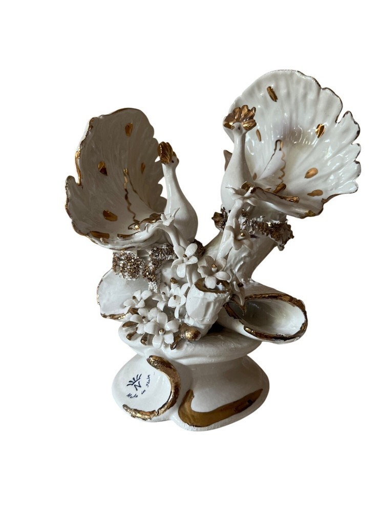 Vintage Capodimonte  Italian White & Gold  Peacock Figurine  Floral Detailing