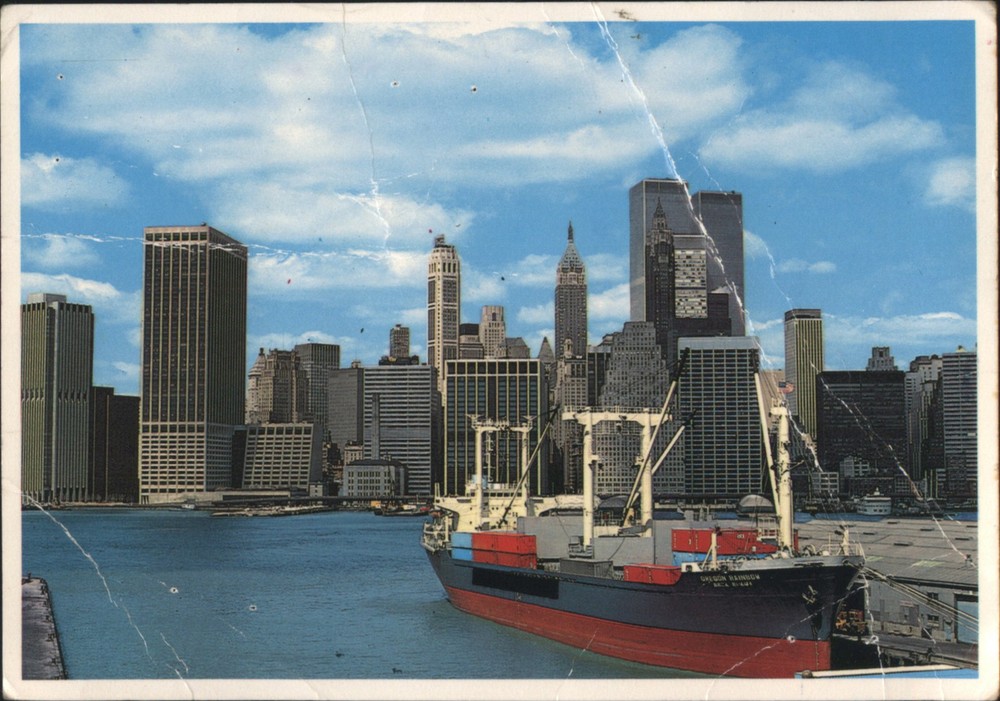 New York City, NY Ocean Freighter, Brooklyn Pier, Manhattan Skyline Postcard NYC