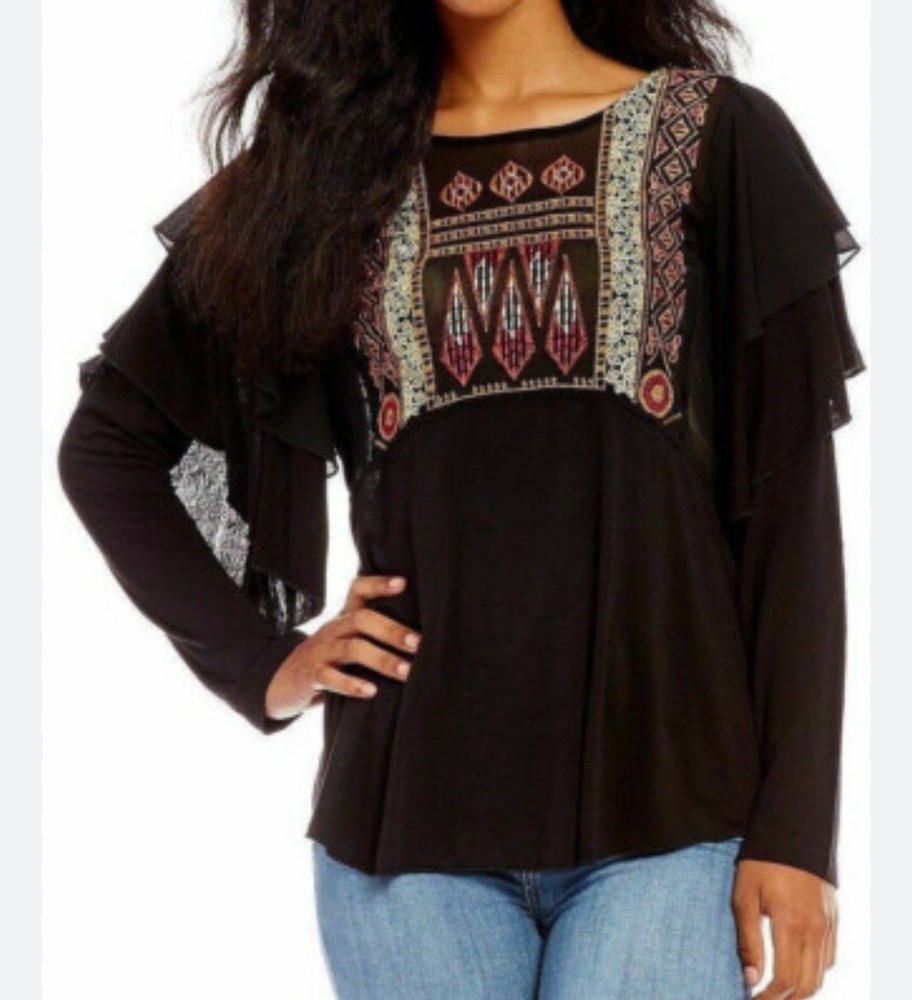 Free People Embroidered Black Ruffle Sleeve Boho Tunic Top Women's M