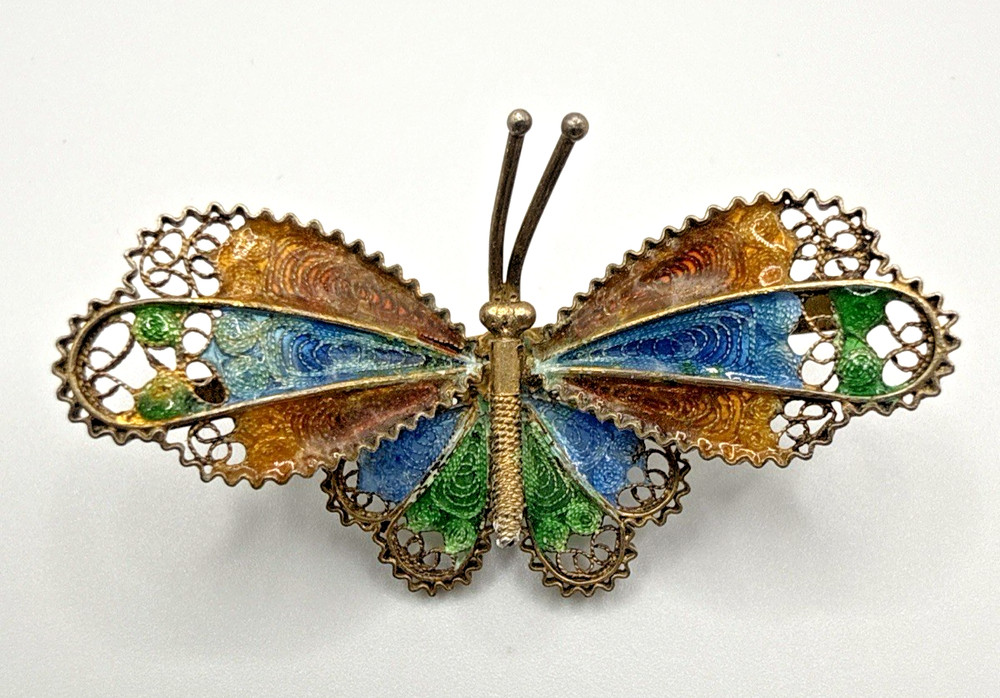Vintage 800 Silver Filigree Enamel Butterfly Brooch Blue Green Gold Wash Pin
