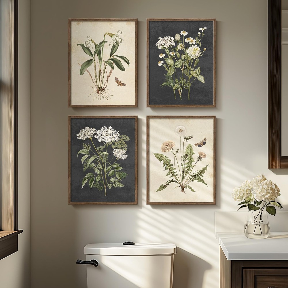 Framed Botanical Wall Art, 4 Piece Vintage Farmhouse Floral Canvas Painting P...