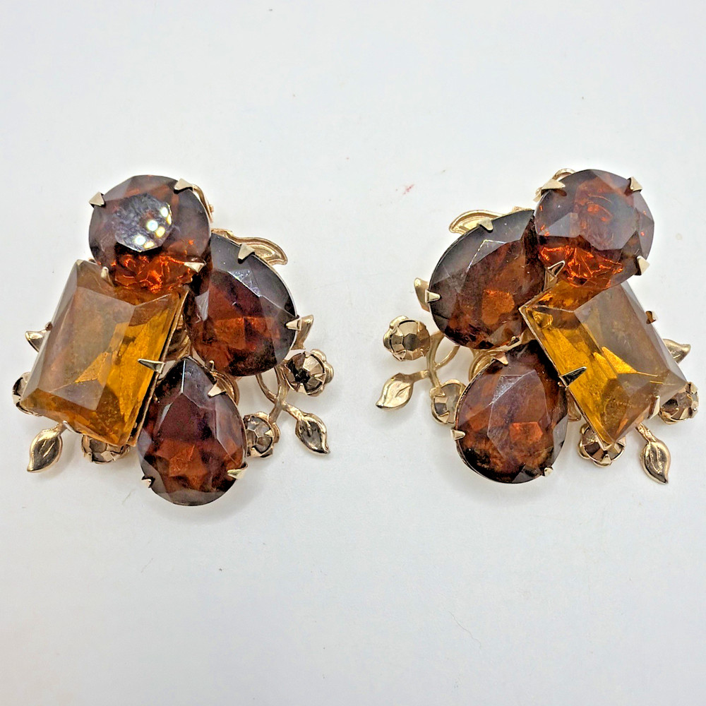 Vintage Celebrity Rhinestone Earrings Amber Brown Glass Clip On