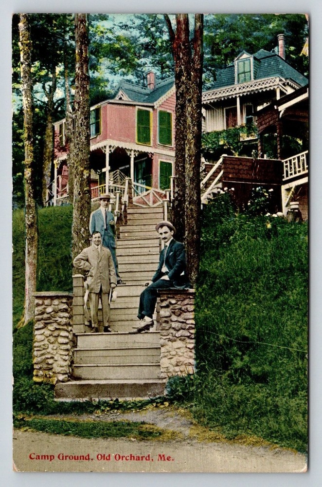 1912 Old Orchard ME Camp Ground Men on Steps Vintage Postcard Maine Posted