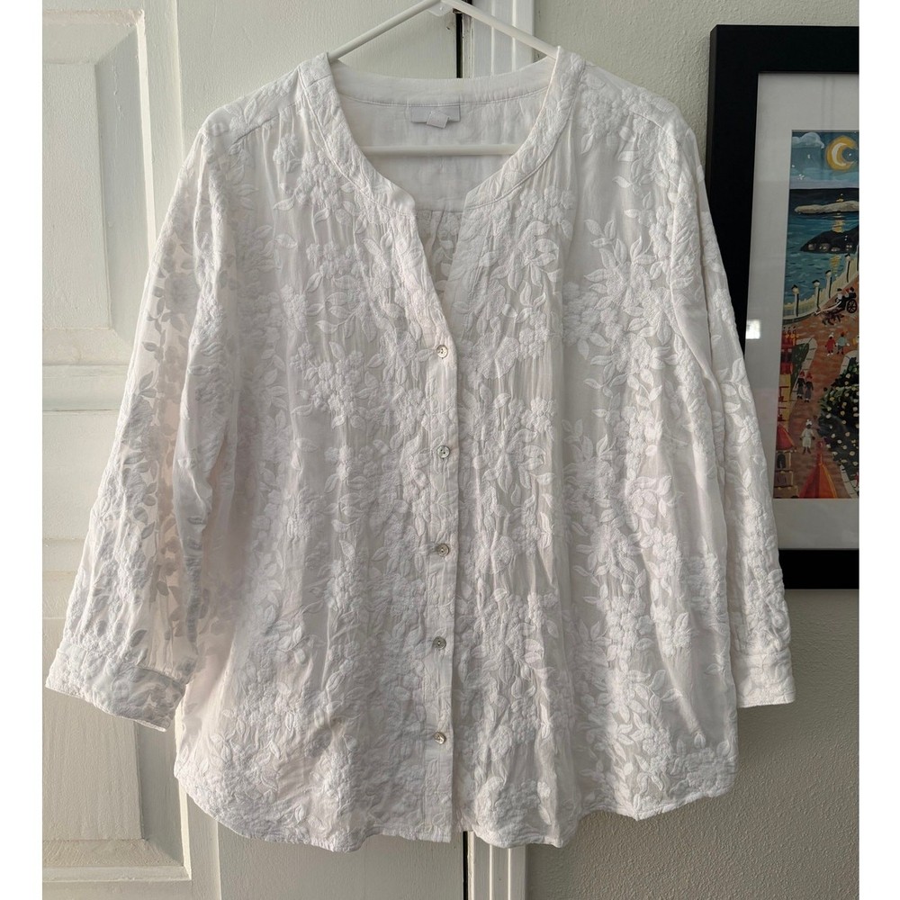 J. Jill Floral all over embroidered white Button-Up Blouse shirt 100% cotton XL