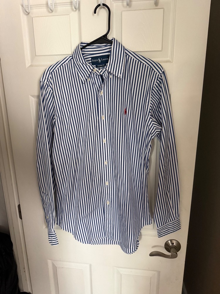 New Ralph Lauren Blue and White Vertical Stripped Dress Shirt Mens Size Small