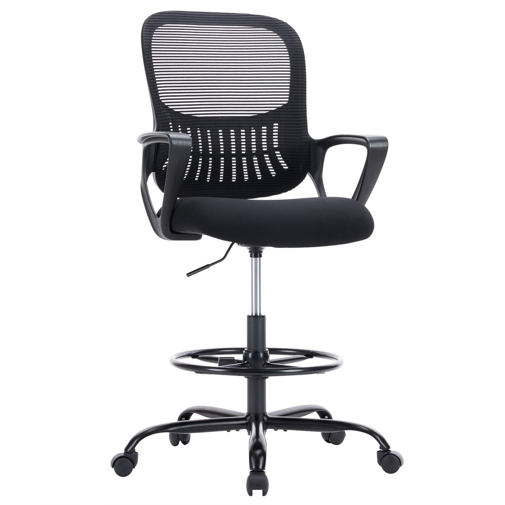 Drafting Chair Office Chair Adjustable Height w/Lumbar Support Fixed Arms Foot
