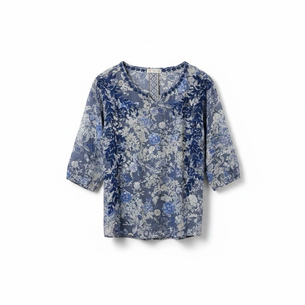 Johnny Was 3J Workshop Embroidered Tunic Top Womens XS Blue Boho Gauzy Hippie