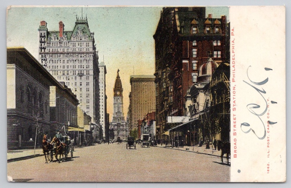 Broad Street Station Philadelphia PA Postcard 1900s Horse Carriages