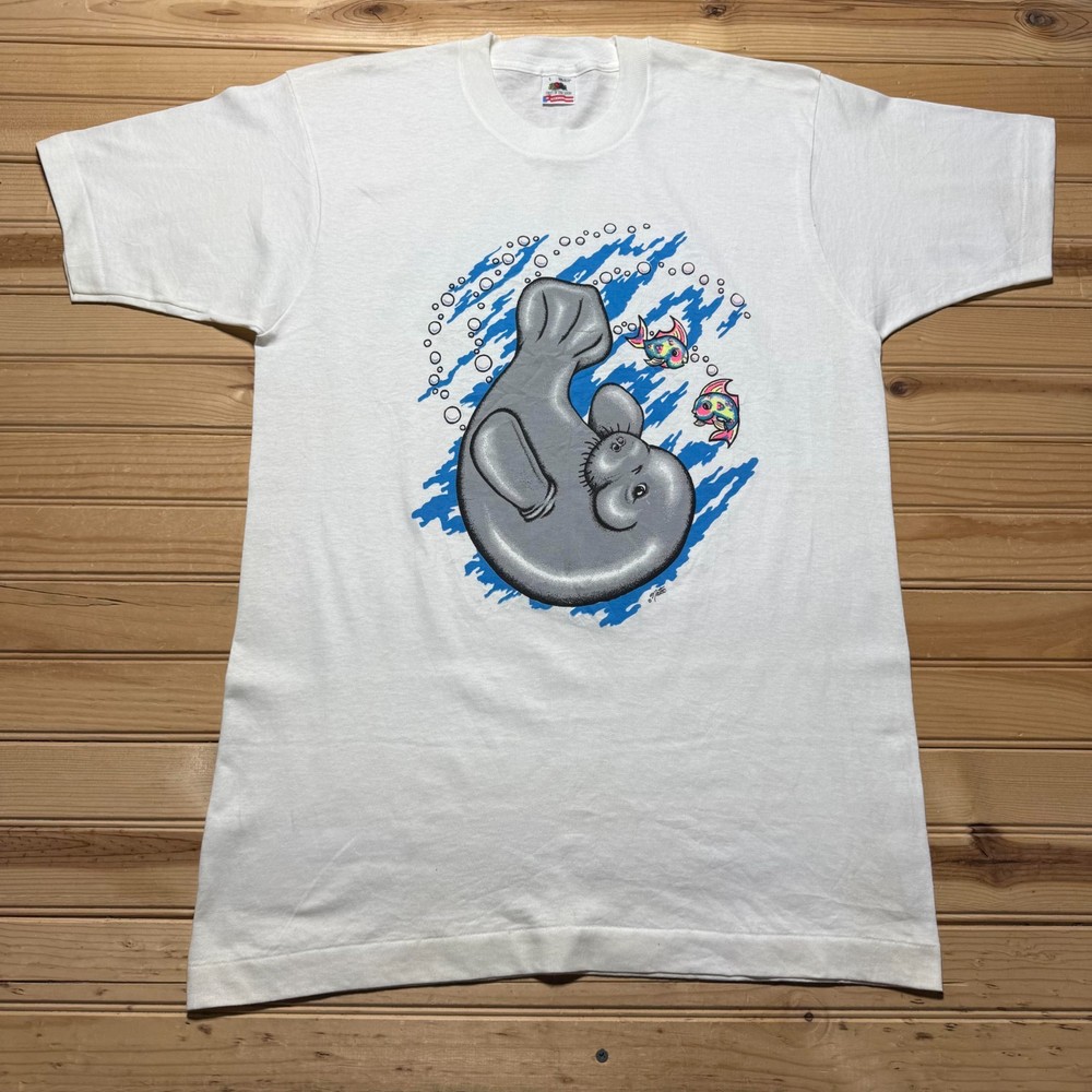 Vintage 1993 Manatee Ocean Marine Life Single Stitch Graphic T-Shirt USA - Large