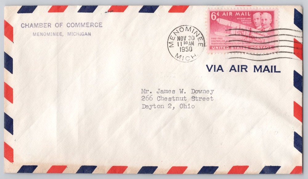Menominee, Michigan, Chamber of Commerce Airmail Cover, 6c Wright Stamp 1950
