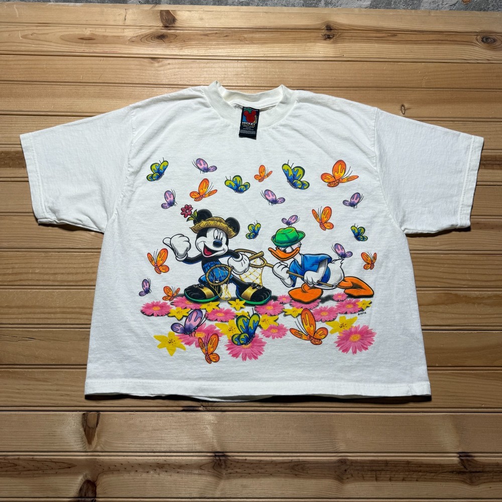 Vintage 90s Disney Mickey Mouse Donald Duck Butterfly Cropped T-Shirt - Medium