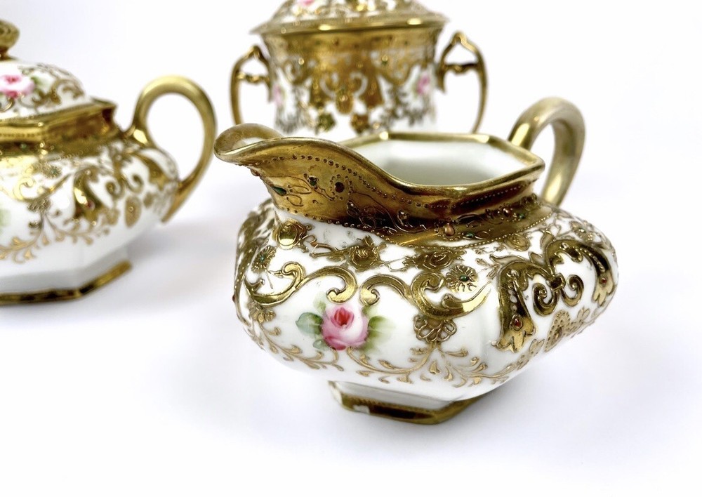 Antique Noritake Nippon Moriage 3pc Creamer, Sugar, and Condensed Milk Jar Set